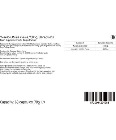 Swanson Muira Puama 250mg 60 Capsules - High-Dose, Lab-Tested, Soy-Free, Gluten-Free, GMO-Free - Buy Online on GoSupps.com