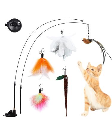 Jetczo Cat Feather Toys, Interactive Cat Toy with Super Suction Cup Detachable 5 PCS Feather Replacements with Bell, 2 Wand Cat Spring Feather Toys for Indoor Cats Kitten Play Chase Exercise Set D New