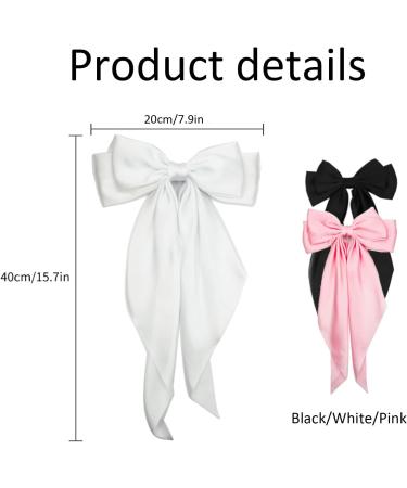 Hair Bow 3 PCS Big Bow Hair Clips Black Bow Hair Clip Hair Clips with Long Silky Satin Ribbon Solid Color Hair Barrettes for Women's trendy accessories (Pink Black White) - Buy Online on GoSupps.com