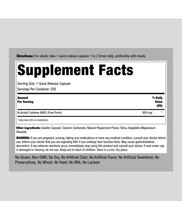Piping Rock NAC Supplement 600mg 250 Capsules | N-Acetyl Cysteine Free Form | Non-GMO Gluten Free - Buy Online on GoSupps.com
