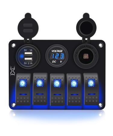 FXC Waterproof Marine Boat Rocker Switch Aluminum Panel 5 Gang with Dual USB Slot Socket 3.1A + Volt Meter Blue LED Light for Car Rv Vehicles Truck (KG0149-5B Blue)