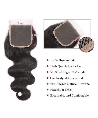 Brazilian Body Wave Bundles with Closure - 16 18 20 +14 Inch - 100% Unprocessed Virgin Human Hair - Buy Online on GoSupps.com