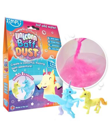 Unicorn Baff Dust 2 Bath Pack and 2 x Unicorn Figures from Zimpli Kids Bath Soak for Children Moisturising Dry Skin Pocket Money Bath Toy Fizzing Bath Bomb Powder Vegan Friendly & Cruelty Free Unicorn Baff Dust with figures
