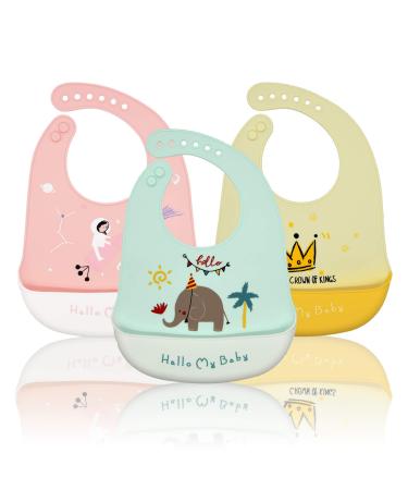 Baogaier Bibs Silicone Baby 3 PCS Waterproof Weaning Bib for Babies Toddlers with Food Catcher Pocket Soft Roll Up Easy Wipes Clean Plastic Feeding Bibs for Newborn Girl Pink Blue Yellow Elephant Crown Outer Space