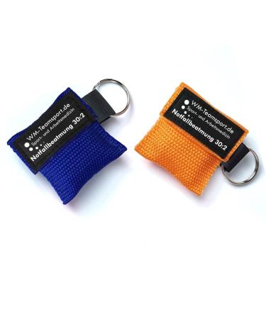 2x emergency breathing aid / cloth in a practical key chain - blue & orange - CPR Mask