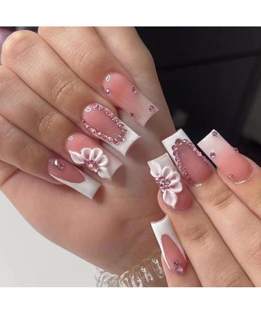 Ceboic 24Pcs Square False Nails Short Pink and White French Tip Press on Nails Flower Pattern Glossy Removable Glue on Nails with Rhinestones Designs Acrylic Full Cover Stick on Nails for Women Flowers & Rhinestones