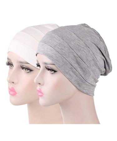 Cotton Sleep Bonnets for Women Cotton Sleep Caps for Curly Hair Night Caps Chemo Sleeping Caps for Cancer Patients 2 Pack Grey+white