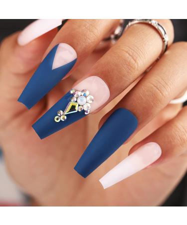 24Pcs Long Coffin Blue Flower Fake Nails with 3D Rhinestones Full Press On  Nails