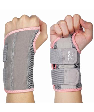Nucamper breathable wristwear wrinkle bandage with metal-style stabilizer men women wristlear bandage adjustable wrist rails for arthritis tendinitis sprain of gray-pink L/xL right hand (1 piece)