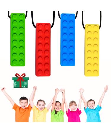 Sensory Chew Necklace Teething Chewy Necklace Set Chew Necklaces for Sensory Kids Chew Toys for Autism 100% Food Grade Silicone for ADHD SPD Biting Needs Oral Motor for Boys & Girls(4 PCS) Red yellow blue green