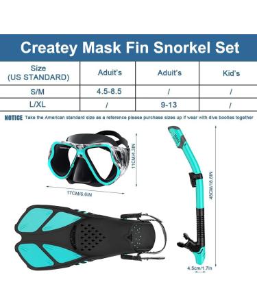 Createy Snorkel Set | Panoramic View Diving Mask, Trek Fin, Dry Top Snorkel - Green | S/M Adults 4.5-8.5 - Buy Online on GoSupps.com
