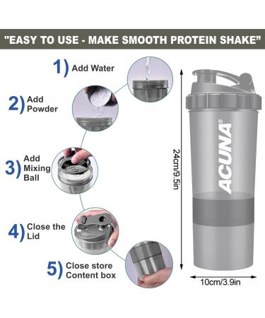 ACUNA Protein Shaker Bottle 600ml with 3 Layered Cups - Steel Mixing Ball - Easy to Clean Gym Shaker Bottle (Grey) - Buy Online on GoSupps.com