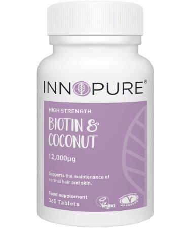 INNOPURE High Strength Biotin Tablets 12000mcg per Tablet (365 Tablets) Vegan Society Certified - 12 Month Supply UK Made 365 Count (Pack of 1)