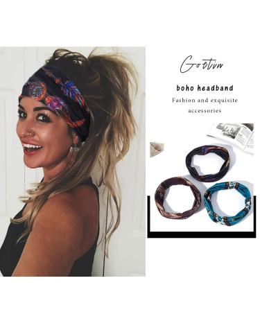 GORTIN Boho Green Feather Print Headbands - Set of 3 | Elastic Turban Headwraps for Women and Girls - Buy Online on GoSupps.com