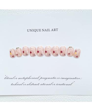 24Pcs Nude Pink Short Square Press on Nails with Summer Flowers Design - Glossy Acrylic Stick on Nails for Women - Buy Online on GoSupps.com