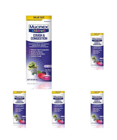 Mucinex Children s Cough & Congestion Multi-Symptom Relief Cough Suppressant Expectorant Nasal Decongestant Very Berry Flavor 6.8 FL OZ (Pack of 5) 6.8 Fl Oz (Pack of 5) Cough & Congestion