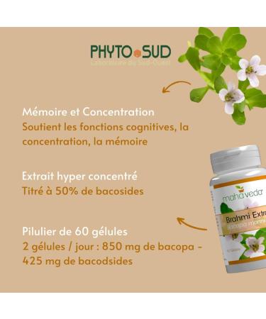 Phyto Sud Brahmi Extra - Bacopa Monnieri Extract with 50% Bacosides - Brain Food Supplement - Memory and Concentration - 60 Capsules - 30 Days - Made in France - Buy Online on GoSupps.com