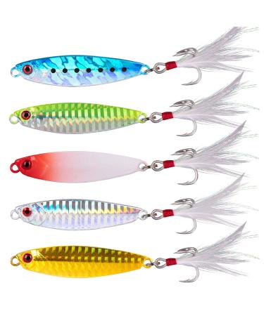 Dr.Fish 5 Pack Metal Jig Jigging Spoon Lure Vertical Diamond Jig Long Casting Saltwater Surf Fishing Mackerel Striper Bluefish Trolling Spoon Long Casting Jig 2oz