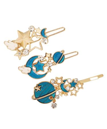 SOLUSTRE 3Pcs Gold Rhinestone Moon Star Hair Clips Vintage Hollow Hair Pin Metal Crystal Hair Clips Hairpins Snap Barrettes Comb Claw Clamp for Wedding Bridal Decorative Hair Styling Ornament Accessory