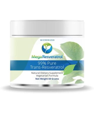 Mega Resveratrol Powder Pharmaceutical Grade 99% Pure Micronized Trans-Resveratrol 60 Grams Powder Purity Certified. Excipients Free.