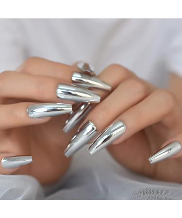 Silver Punk Metallic Press On False Nails - Long Coffin Ballerina Chrome Mirror Fake Nails - Full Cover Acrylic Nail Tips with Glue Tape - Women/Girls - L5883-1 - Buy Online on GoSupps.com