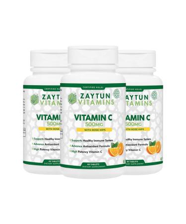 Zaytun Vitamins Halal Vitamin C 500mg Tablets (3-Pack) with Rose HIPS Supports Immune Health Natural Antioxidant with Citrus Bioflavonoids Gluten-Free Vegan 60 Tablets - Halal Vitamins