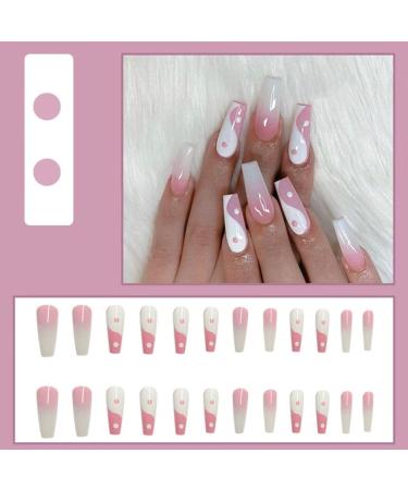 Runrayay Pink & White Press on Nails - 24Pcs Coffin Fake Nails for Nail Art & Manicure | Women's Acrylic Nail Decorations - Buy Online on GoSupps.com
