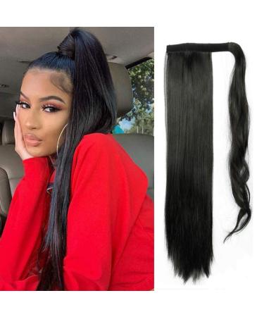 Clip in Ponytail Extension Wrap Around Long Straight Pony Tail Hair 26 Inch Synthetic Hairpiece Hair Piece for Girl Lady Woman Natural Black