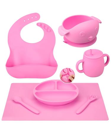 Cibeat Baby Feeding Utensils Set  7 Pcs Silicone Toddler Eating Supplies - Adjustable Bibs  Suction Divided Plate  Placemat  Suction Bowls  Straw Sippy Cup  Etc - Baby Led Weaning Supplies Pink