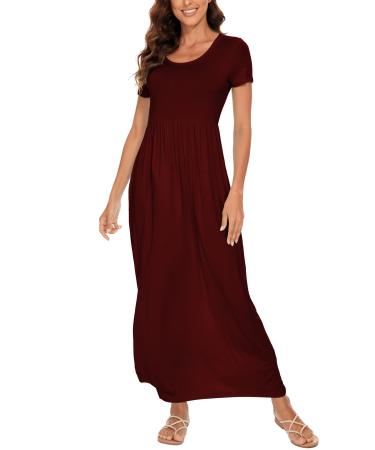 YUNDAI Womens Maxi Dress Summer Maternity Casual Short Sleeve Floral Loose Long Dresses Plus Size Ladies Dress with Pocket 03-Short Sleeve L B05 Wine Red