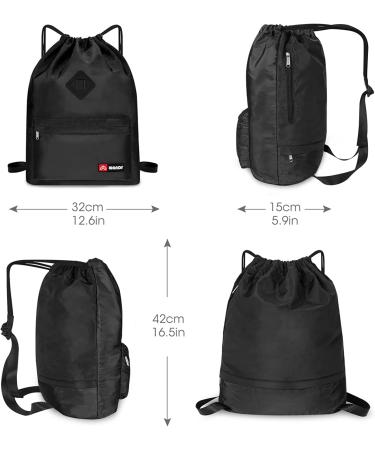 WANDF Drawstring Backpack with Shoe Pocket - Water-Resistant Gym Bag for Women, Girls, Men - Black - Buy Online on GoSupps.com