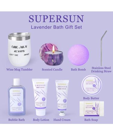 Mother's Day Spa Gift Basket - Lavender Scented Relaxation Set for Mom from Daughter/Son | 8PCS Bath & Body Treats Including Lotion, Bubble Bath, Candle, and Tumbler - Buy Online on GoSupps.com