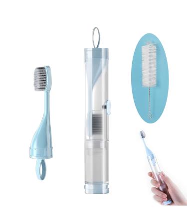 Foldable travel toothbrushes portable soft toothbrush with soft bristle brush with toothpaste dispenser with cleaning brush and replacement toothbrush head camping toothbrush school business trip (blue)