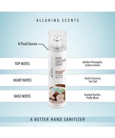 Instyle ActivEssence Caribbean Coconut Hand Sanitizer Spray - 8 Fl Oz | Kills 99.99% Of Germs | Fast Drying | With Aloe | Non Greasy | CLEAN Vegan Paraben Free Phthalate Free - Buy Online on GoSupps.com
