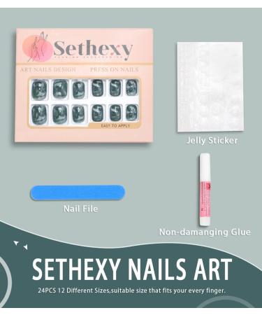Sethexy Smokey Marble Esmeralda False Nails Glossy Collection - 24Pcs Full Cover Stick on Nails for Women and Girls - Buy Online on GoSupps.com