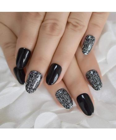 HUJL Artificial Nails - Silver & Black Crossed Full Cover Fake Nail Tips (24pcs/set) | Premium Quality & Easy Applicator - Shop Internationally! - Buy Online on GoSupps.com