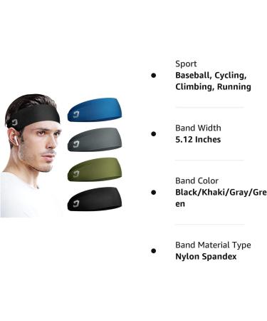 Vinsguir Athletic Men's Headband 4 Pack - Sweat Wicking Sports Headbands for Running, Gym, Tennis, Basketball - Unisex Hairband in Black/Khaki/Gray/Green - Buy Online on GoSupps.com
