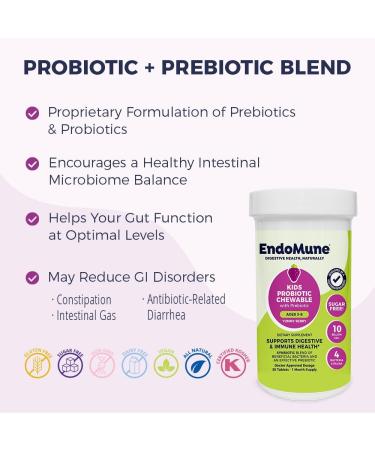 Endomune Jr Advanced Kids Probiotic and Prebiotic Chewables -10 Billion CFUs - 4 Strains Bacteria and FOS Prebiotic - Physician Formulated - 30 Chewable Tablets - Buy Online on GoSupps.com
