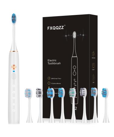 FXQQZZ Sonic Electric Toothbrush for Adults and Kids Rechargeable Electric Toothbrush Kit with 8 Replacement Brush Heads 5 Modes 2 Minutes Smart Timer One Charge for 60 Days (White)