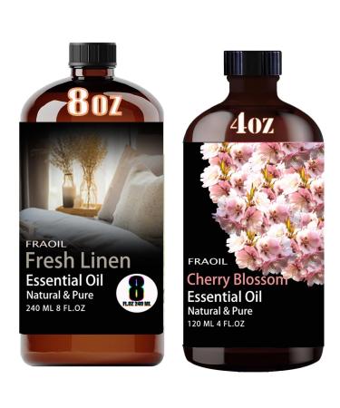 Fresh Linen Essential Oil 8 Fl Oz and Cherry Blossom Essential Oil 4 Fl Oz for Diffuser Humidifier Yoga Cleaning DIY Candle Soap Making Perfume Gift for Essential Oils