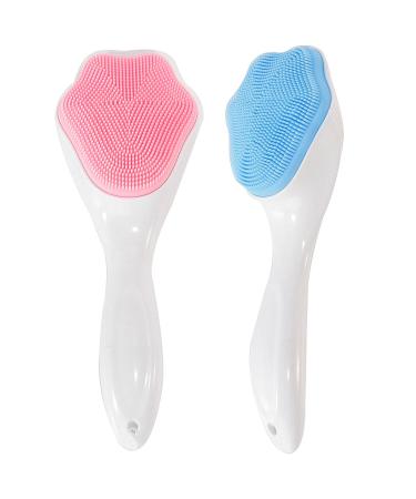 Silicone Face Scrubber Exfoliating Brush Beomeen 2 Pack Manual Handheld Facial Cleansing Brush Blackhead Scrubber Soft Bristles Waterproof for Face Skincare (Blue Pink) Blue pink