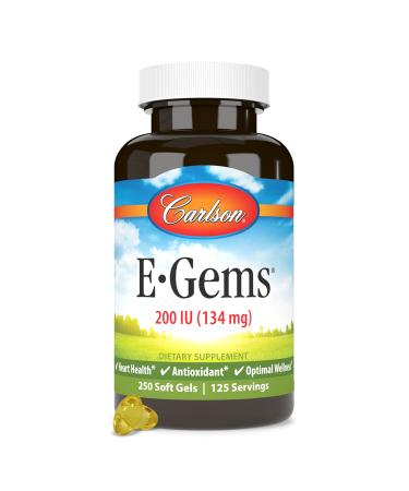 Carlson E-Gems 200 IU (134 mg) Natural-Source Vitamin E Optimal Wellness 250 Soft Gels 1 Count (Pack of 250)