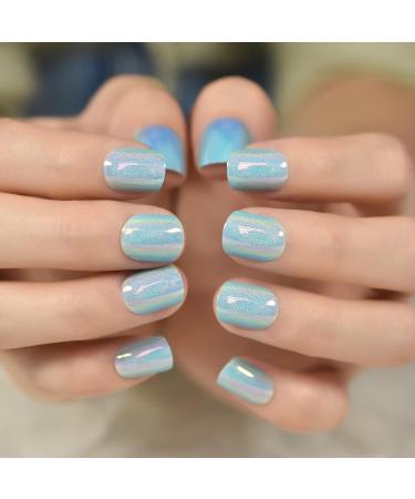 EchiQ Light Blue Laser Press On Nails - Metallic Mirror Like Fake Nails for Women - 24 pcs Short Medium Squoval Acrylic Full Cover False Nails - Buy Online on GoSupps.com