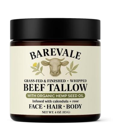 Barevale Grass-Fed Whipped Beef Tallow Balm with 100% Cold-Pressed Organic Hemp Seed Oil Organic Calendula & Organic Rose Pure Moisturizer for Sensitive Skin Face Hair & Body 4-oz | Non-Toxic