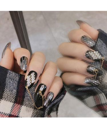 Sethexy Shiny Black Oval Fingernails with Rhinestone Gold Chain - 24 Piece Complete Acrylic Nail Set for Women & Girls | Magic Mirror Reflection Design - Buy Online on GoSupps.com