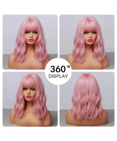 Oefei 14 Inch Short Wavy Pink Bob Wig - Heat-Resistant Synthetic Hair for Cosplay & Daily Use - Perfect for Parties - Buy Online on GoSupps.com
