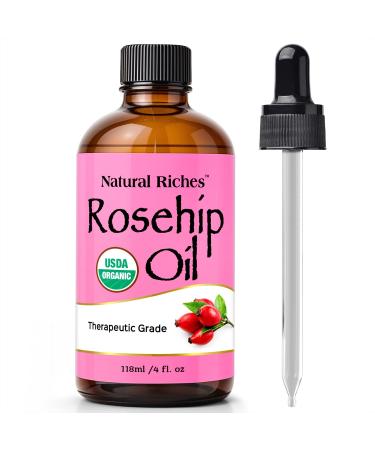 Natural Riches Organic Rosehip Seed Oil for Face 100% Pure Natural Cold Pressed Unrefined Non-GMO Carrier Oil for Skin Hair & Nails. 4 fl oz.