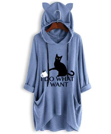 Xia&Han Women Dip Hem Tee Cat Ear Hooded Print Blouse Short Sleeves Shirt Pocket Tops Irregular Tunic X-Large Blue - Buy Online on GoSupps.com