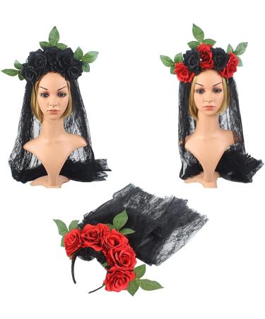 amangul Women Floral Headdress Rose Flower Mesh Lace Headbands for Halloween Party Carnival Vintage Costume Party s(Red Black) - Buy Online on GoSupps.com