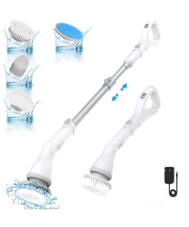 Electric Spin Scrubber, Syvio Cordless Cleaning Brush 2X Stronger Power Motor with 4 Replaceable Brush Heads, Ergonomic D-Handle, Extendable Arm, Power Scrubber for Bathroom, Floor, Pool, Tile, Car